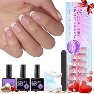 btartboxnails XCOATTIPS French Nails - Short Square Nail Tips with Nail Gel, French Protecing Duo, Nail Lamp, All in One Soft Gel French Tip Press on Nails Gel Valentines Day Nails