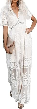 amropi Womens Deep V Neck Short Sleeve Floral Lace Dress Long Bridesmaid Maxi Dresses